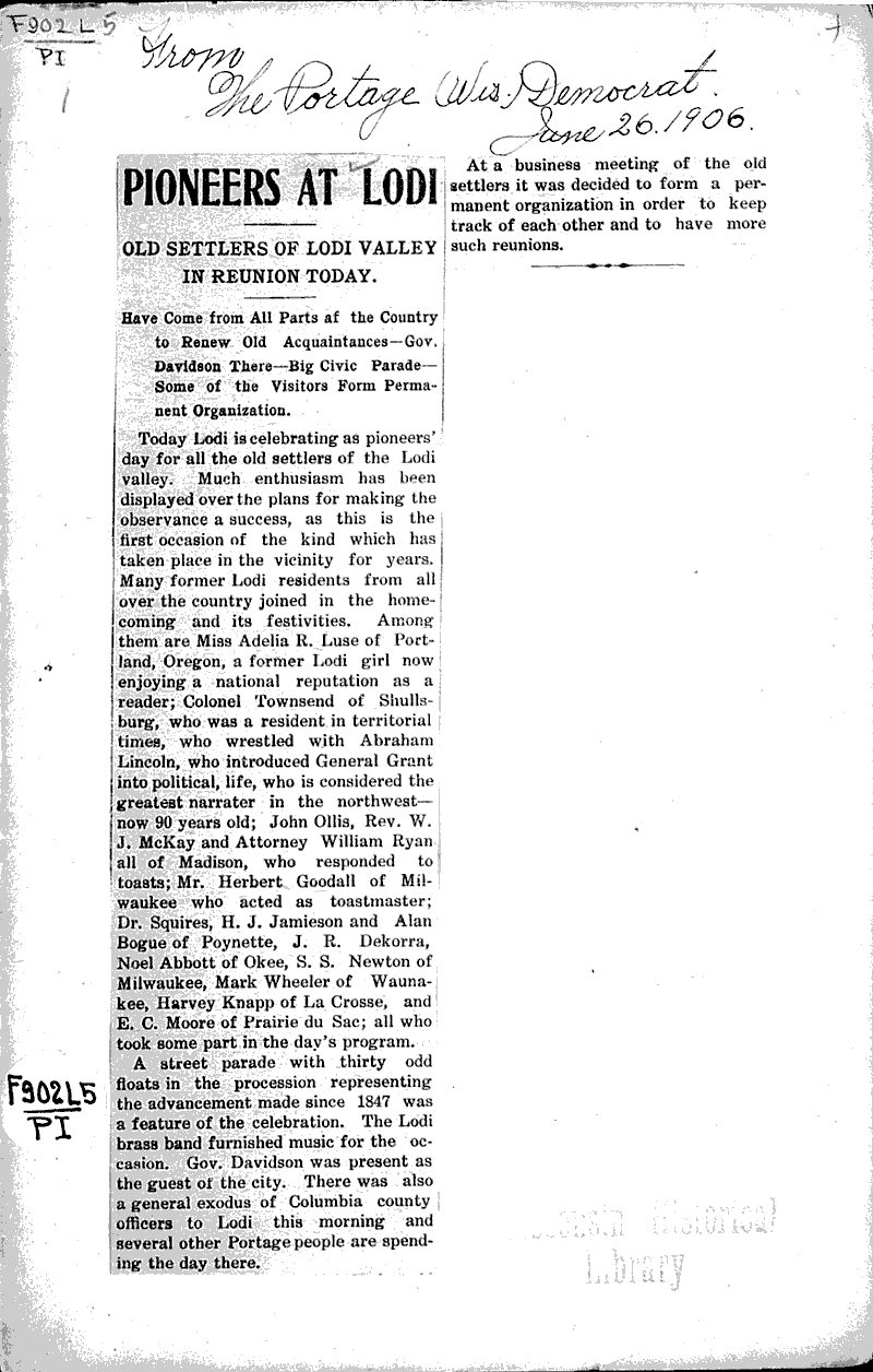 Pioneers at Lodi Newspaper Article/Clipping Wisconsin Historical
