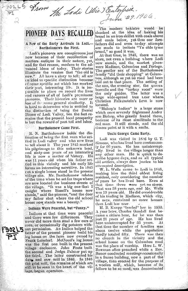 Pioneers at Lodi Newspaper Article/Clipping Wisconsin Historical