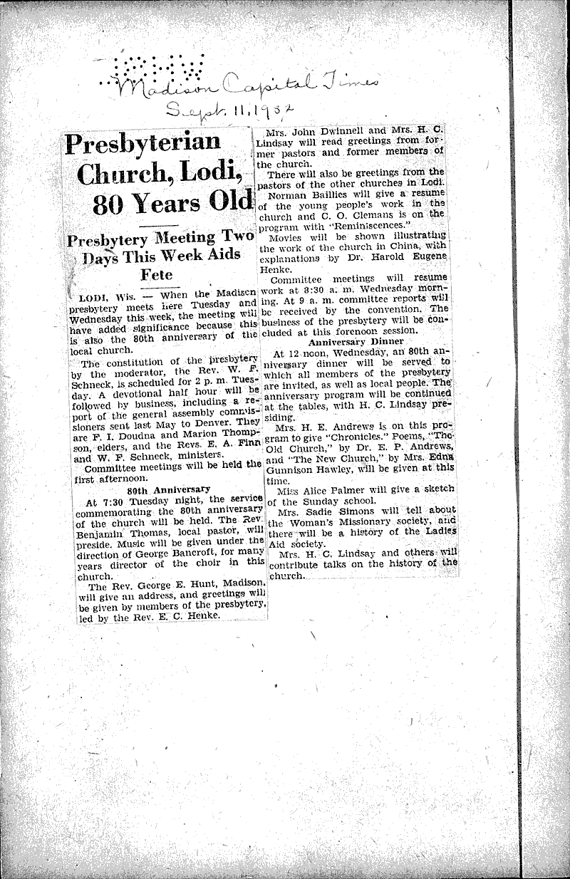 Source: Baraboo News Republic Topics: Church History Date: 1932-09-08