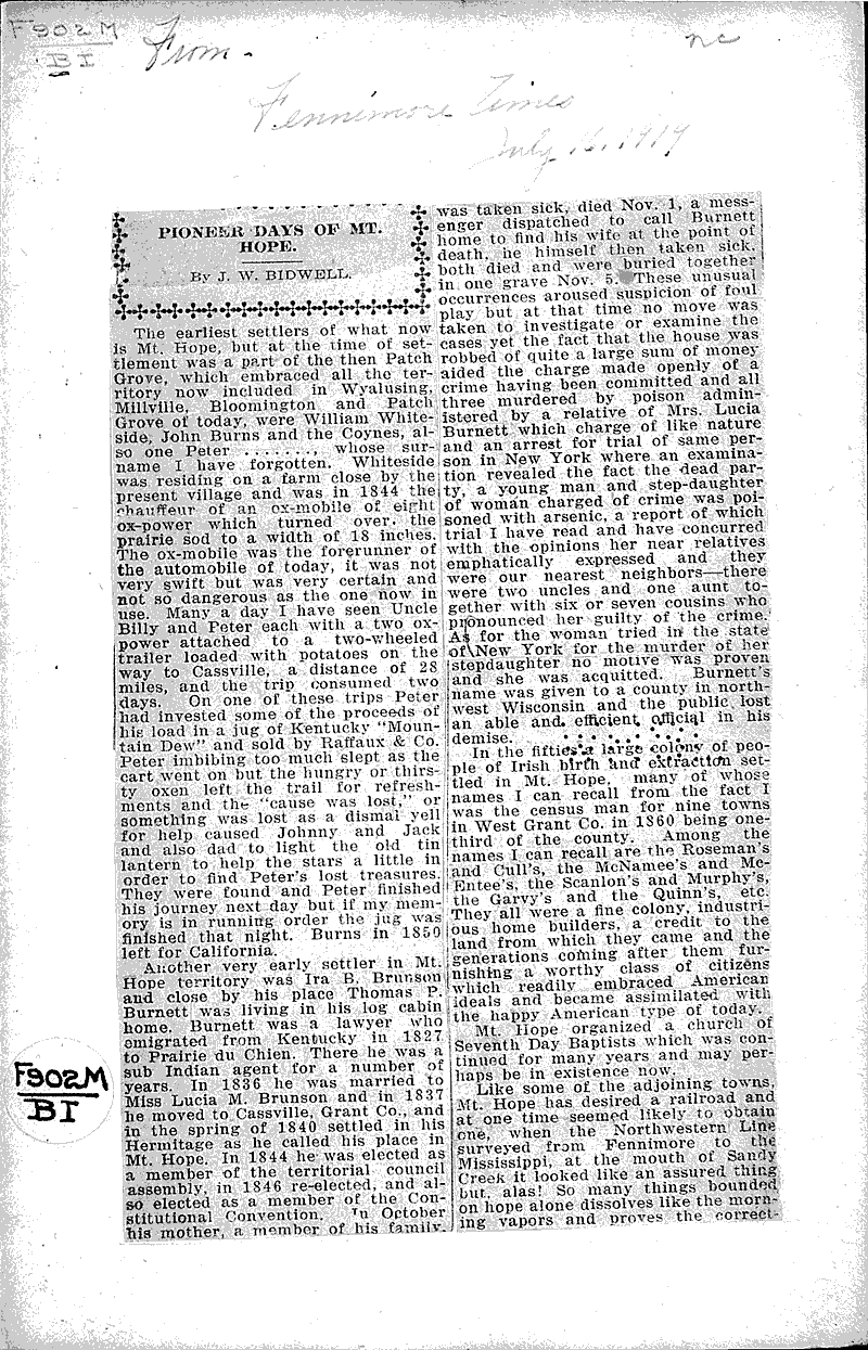 Pioneer days of Mt. Hope Newspaper Article/Clipping Wisconsin