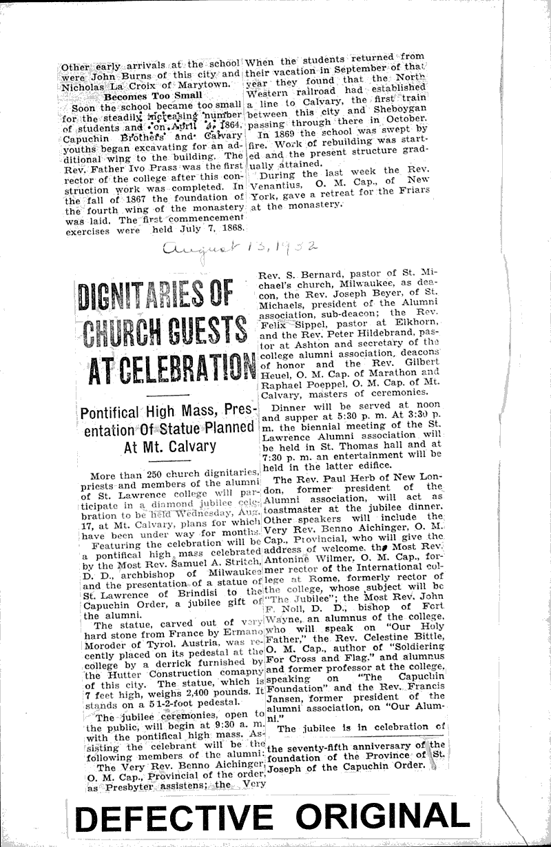 Capuchins at Mt. Calvary to hold jubilee Newspaper Article/Clipping