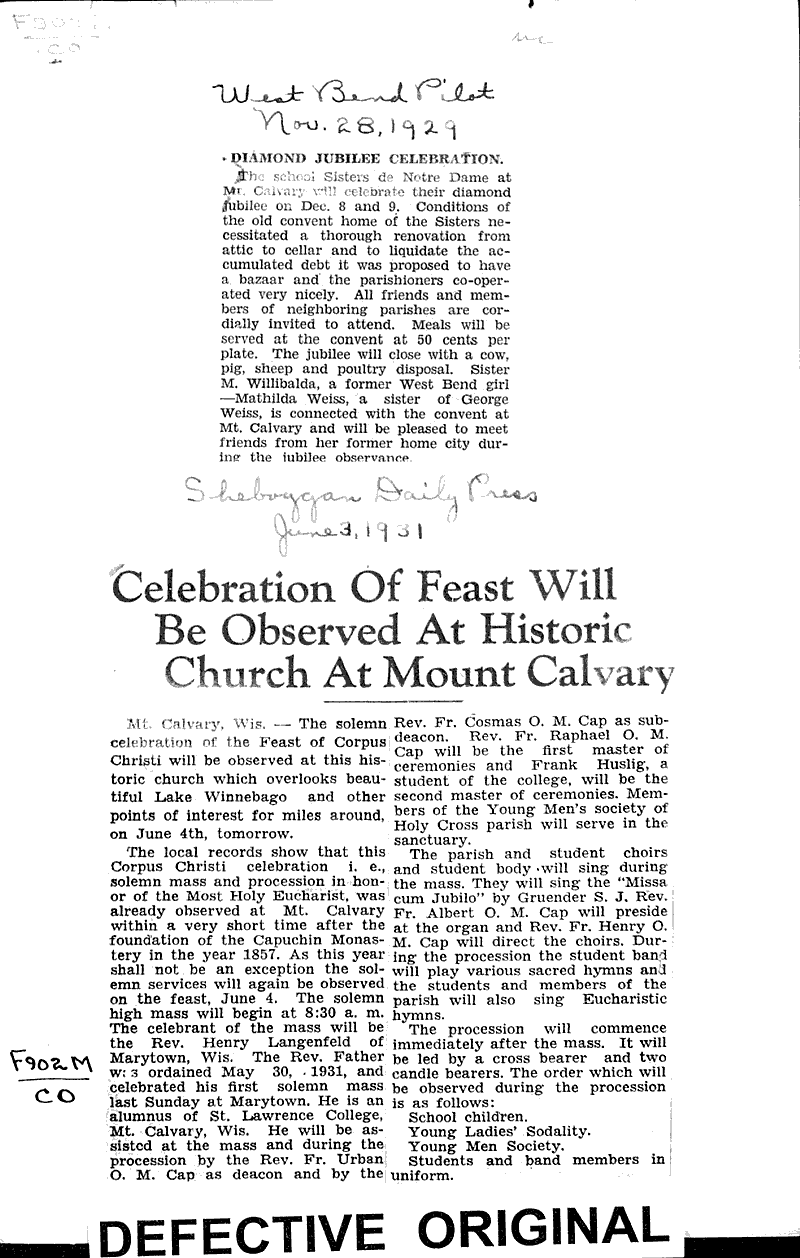 Celebration of feast will be observed at historic chruch at Mount Calvary Newspaper Article