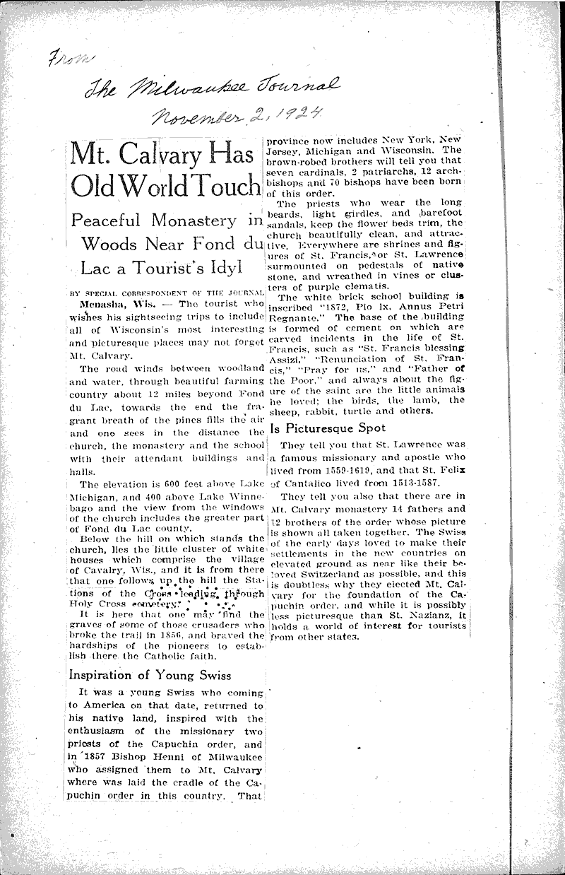  Source: Milwaukee Journal Topics: Church History Date: 1924-11-02