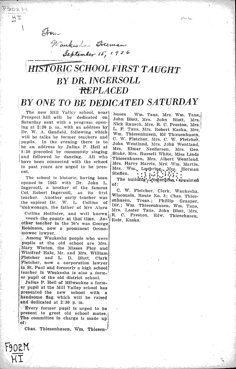  Source: Waukesha Freeman Topics: Education Date: 1926-09-15