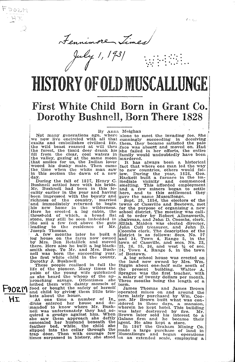 History of old Muscallunge Newspaper Article/Clipping Wisconsin
