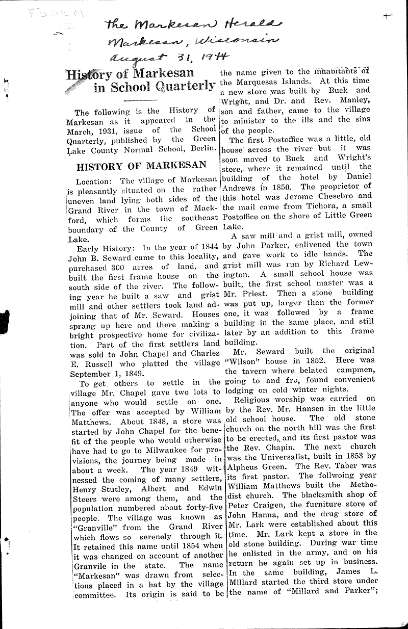  Source: Markesan Herald Date: 1944-08-31