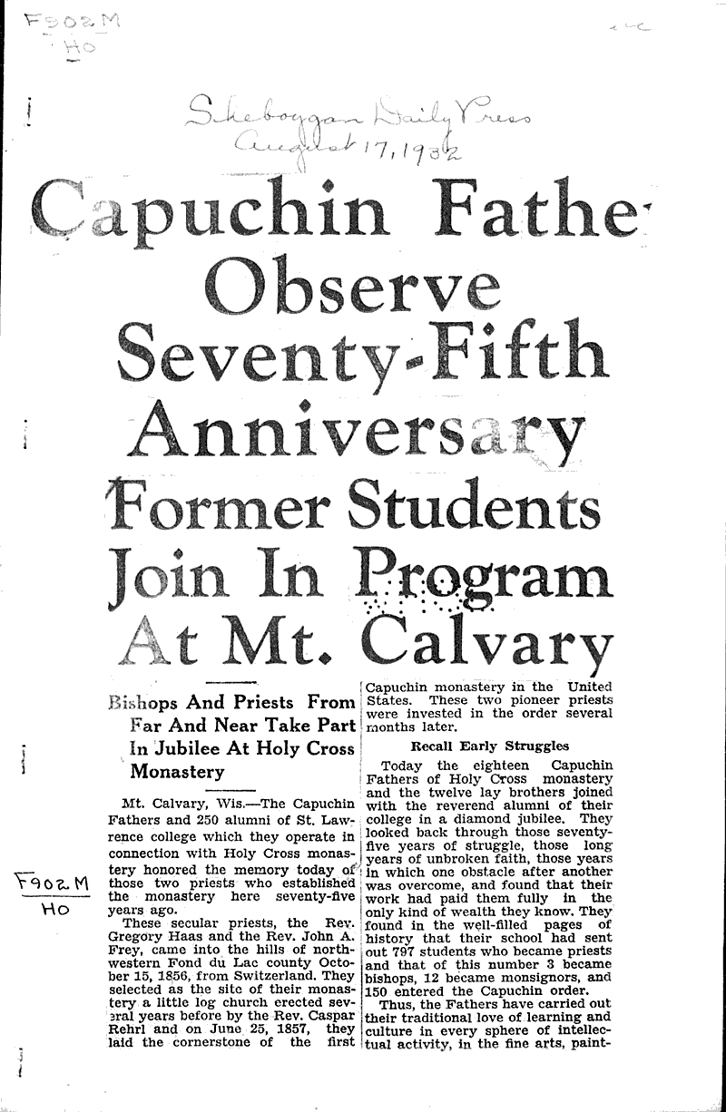  Source: Sheboygan Daily Press Topics: Church History Date: 1932-08-17