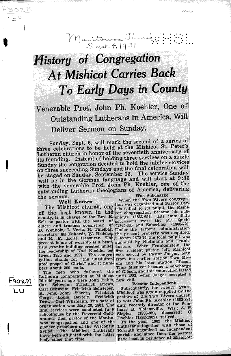  Source: Manitowoc Times Topics: Church History Date: 1931-09-04