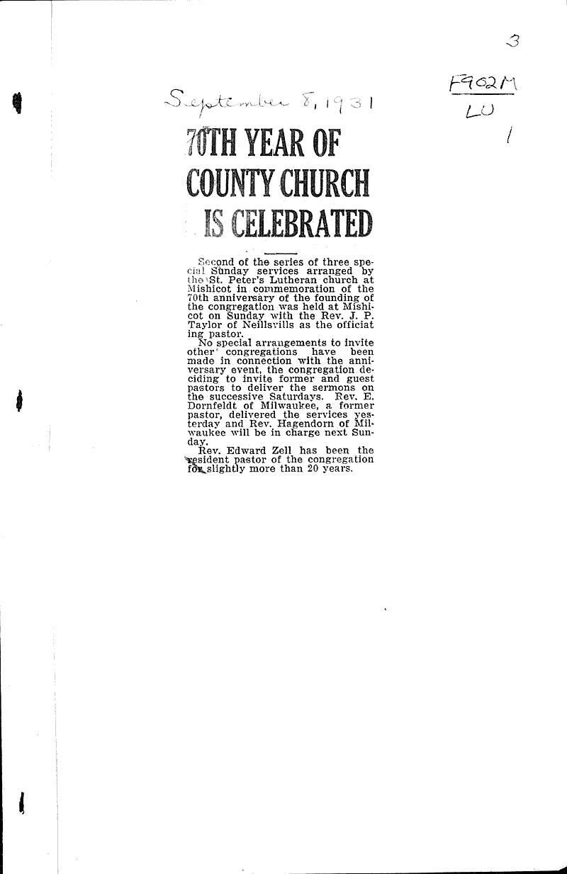  Source: Manitowoc Times Topics: Church History Date: 1931-09-04