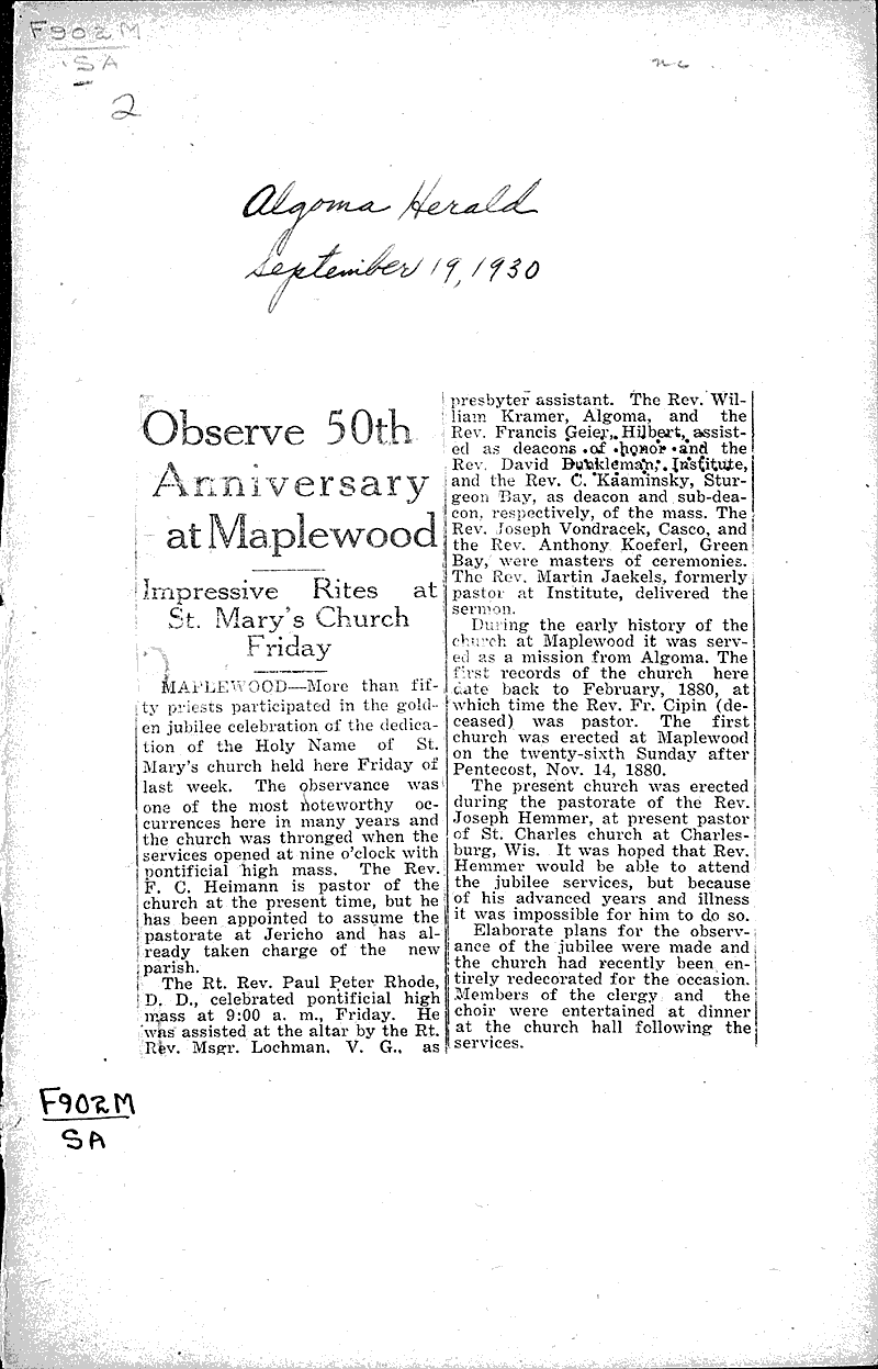 Observe 50th anniversary at Maplewood Newspaper Article/Clipping