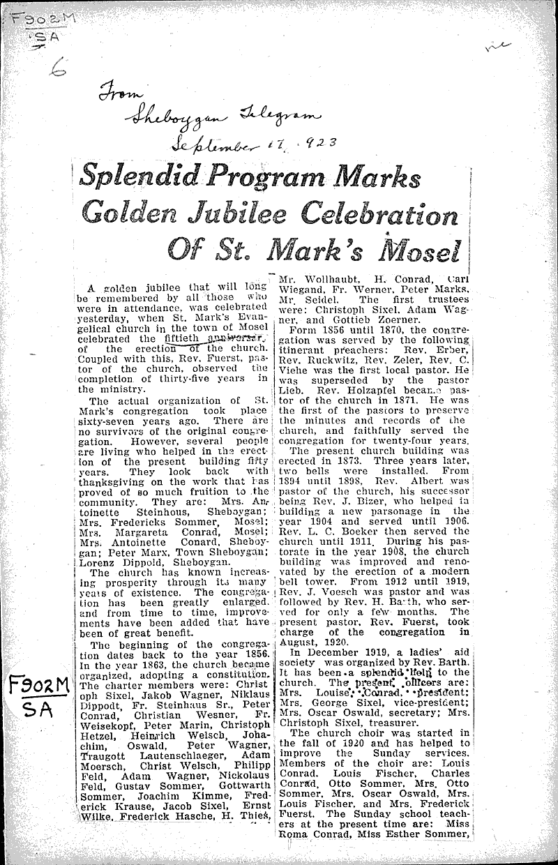  Source: Sheboygan Telegram Topics: Church History Date: 1923-09-17