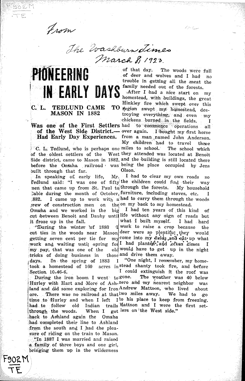 Pioneering in early days Newspaper Article/Clipping Wisconsin