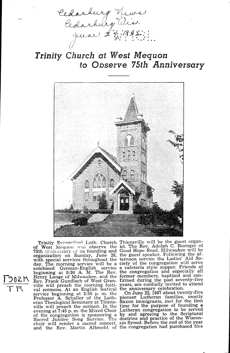 Trinity church at Mequon to observe 75th anniversary Newspaper