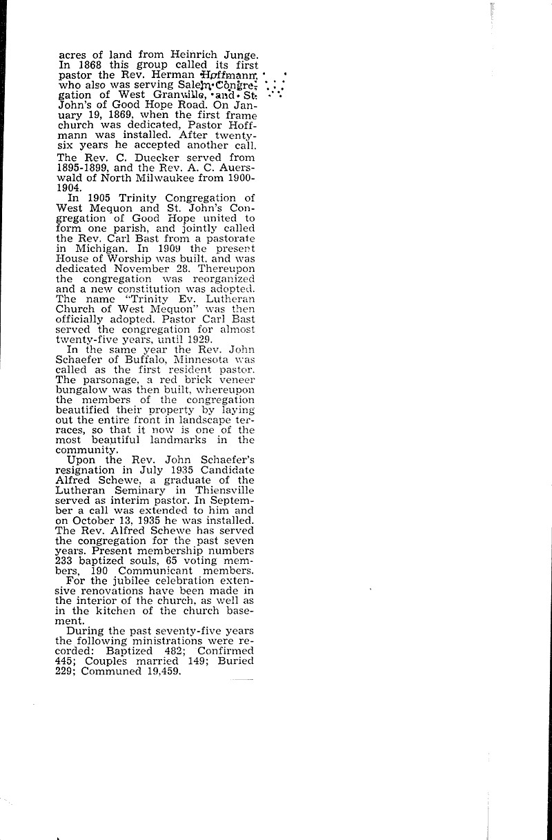 Trinity church at Mequon to observe 75th anniversary Newspaper