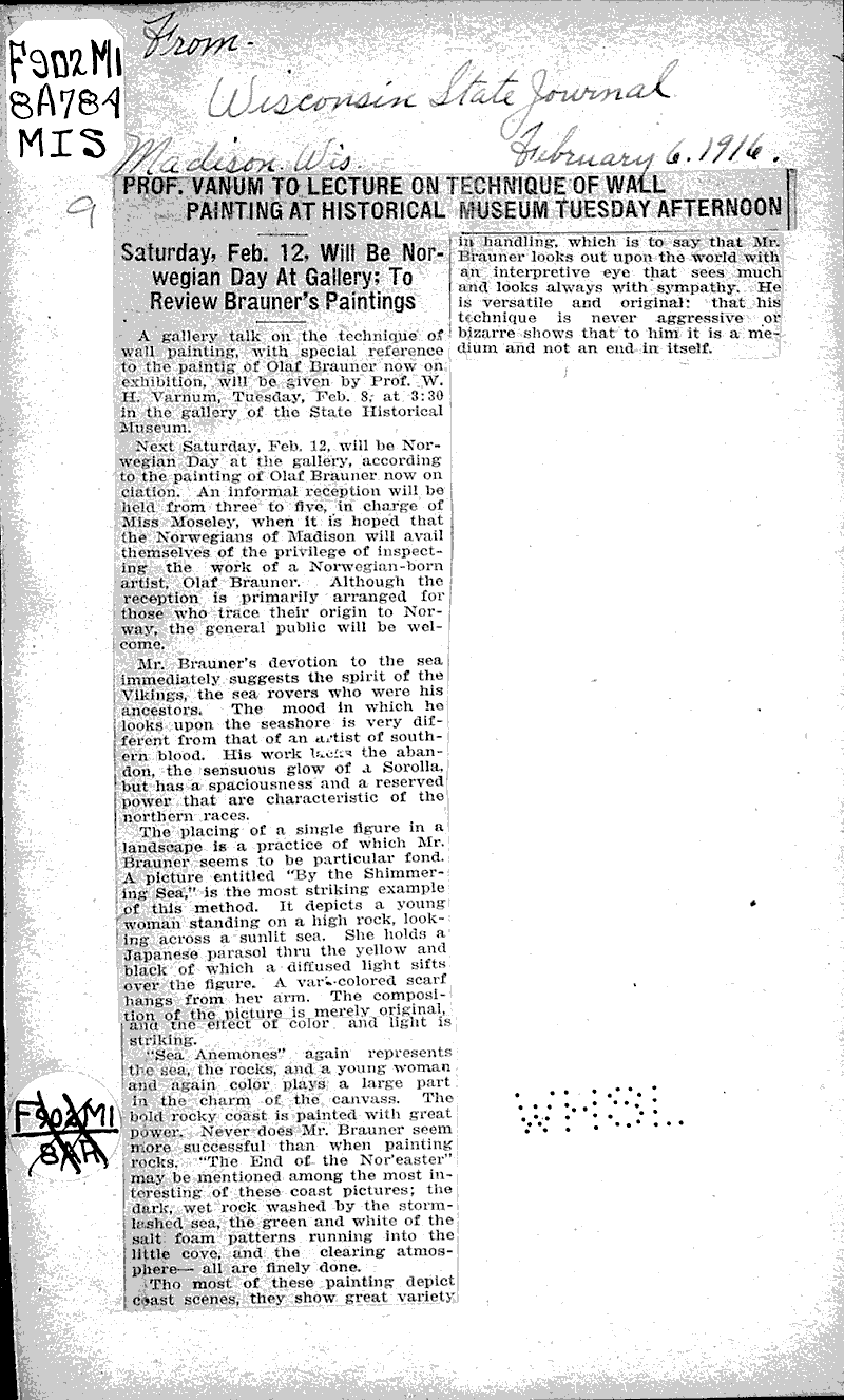  Source: Wisconsin State Journal Topics: Art and Music Date: 1916-02-06