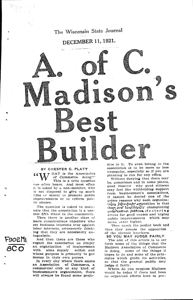  Source: Wisconsin State Journal Topics: Social and Political Movements Date: 1921-12-11
