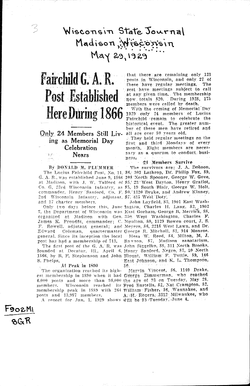 Fairchild G.A.R. post established here during 1866 Source: Wisconsin State Journal Topics: Civil War Date: 1929-05-29