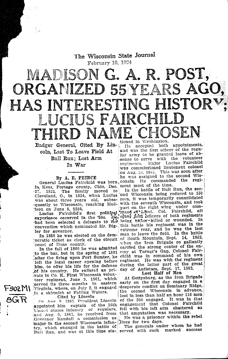  Source: Wisconsin State Journal Topics: Civil War Date: 1924-02-10