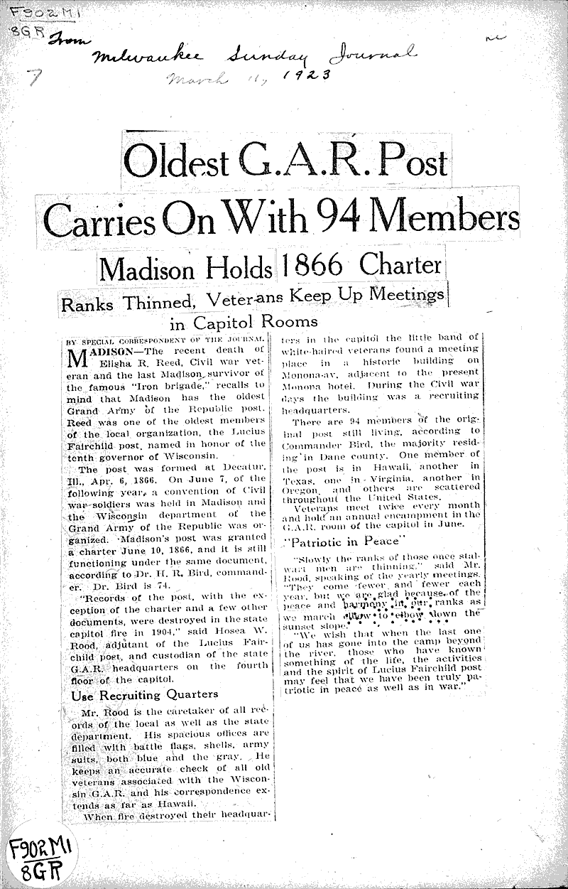  Source: Milwaukee Journal Topics: Civil War Date: 1923-03-11