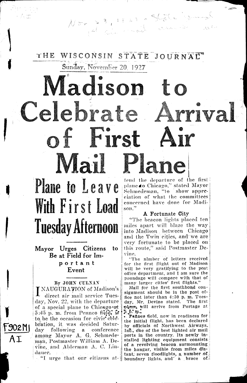  Source: Wisconsin State Journal Topics: Transportation Date: 1927-11-20