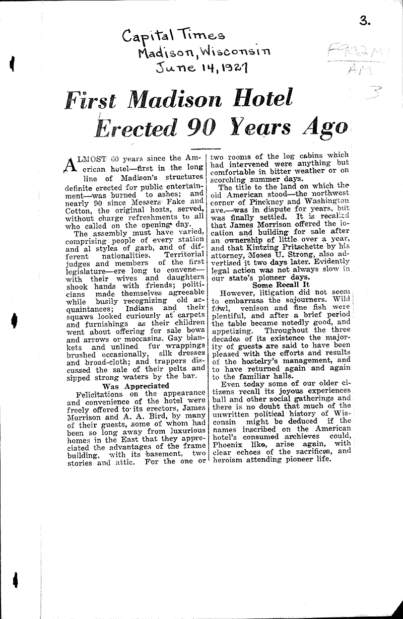  Source: Capital Times Topics: Architecture Date: 1927-06-14