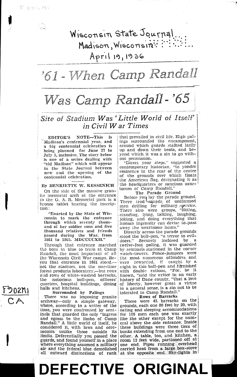  Source: Wisconsin State Journal Topics: Civil War Date: 1936-04-19