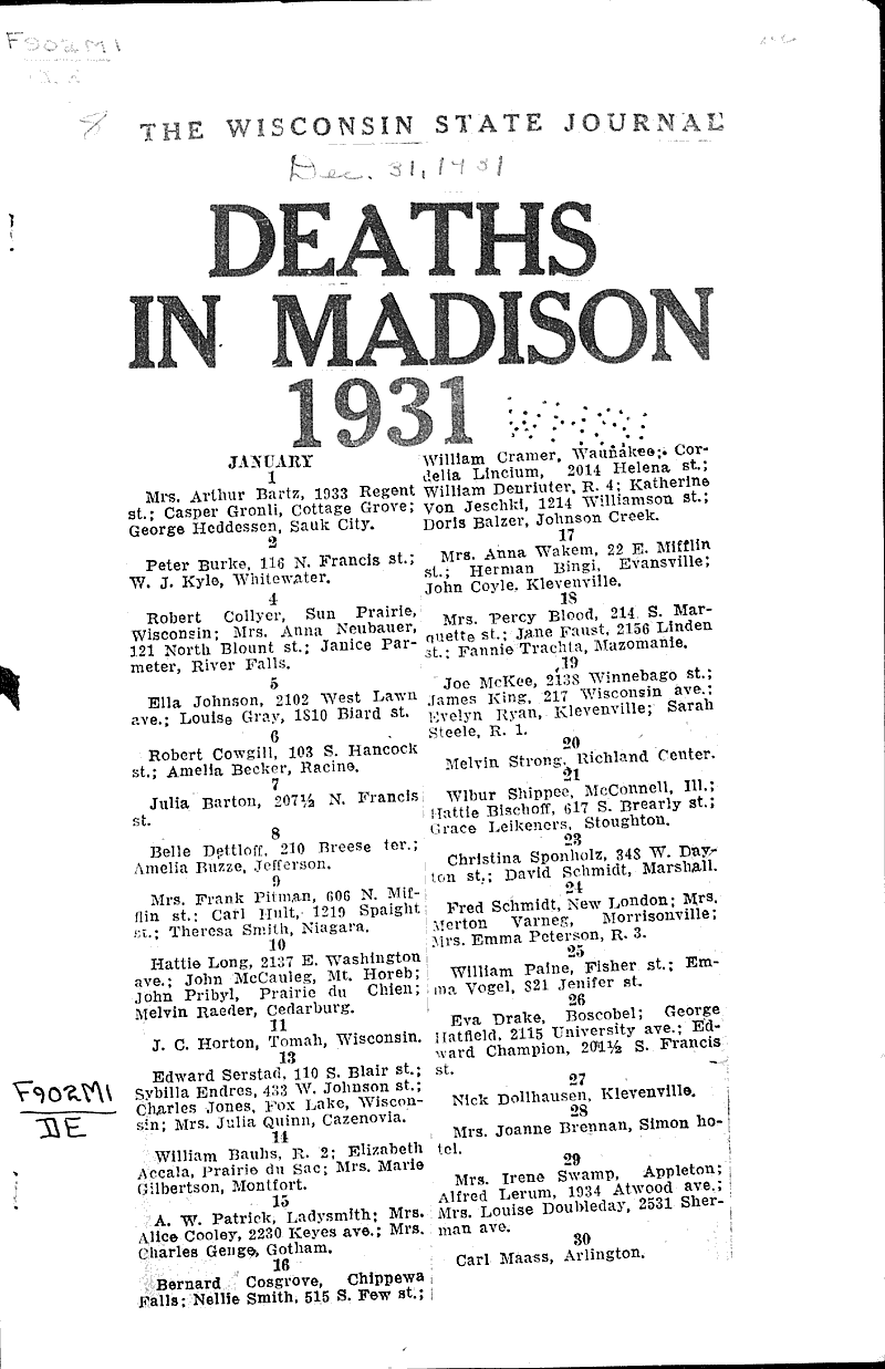  Source: Wisconsin State Journal Date: 1931-12-31