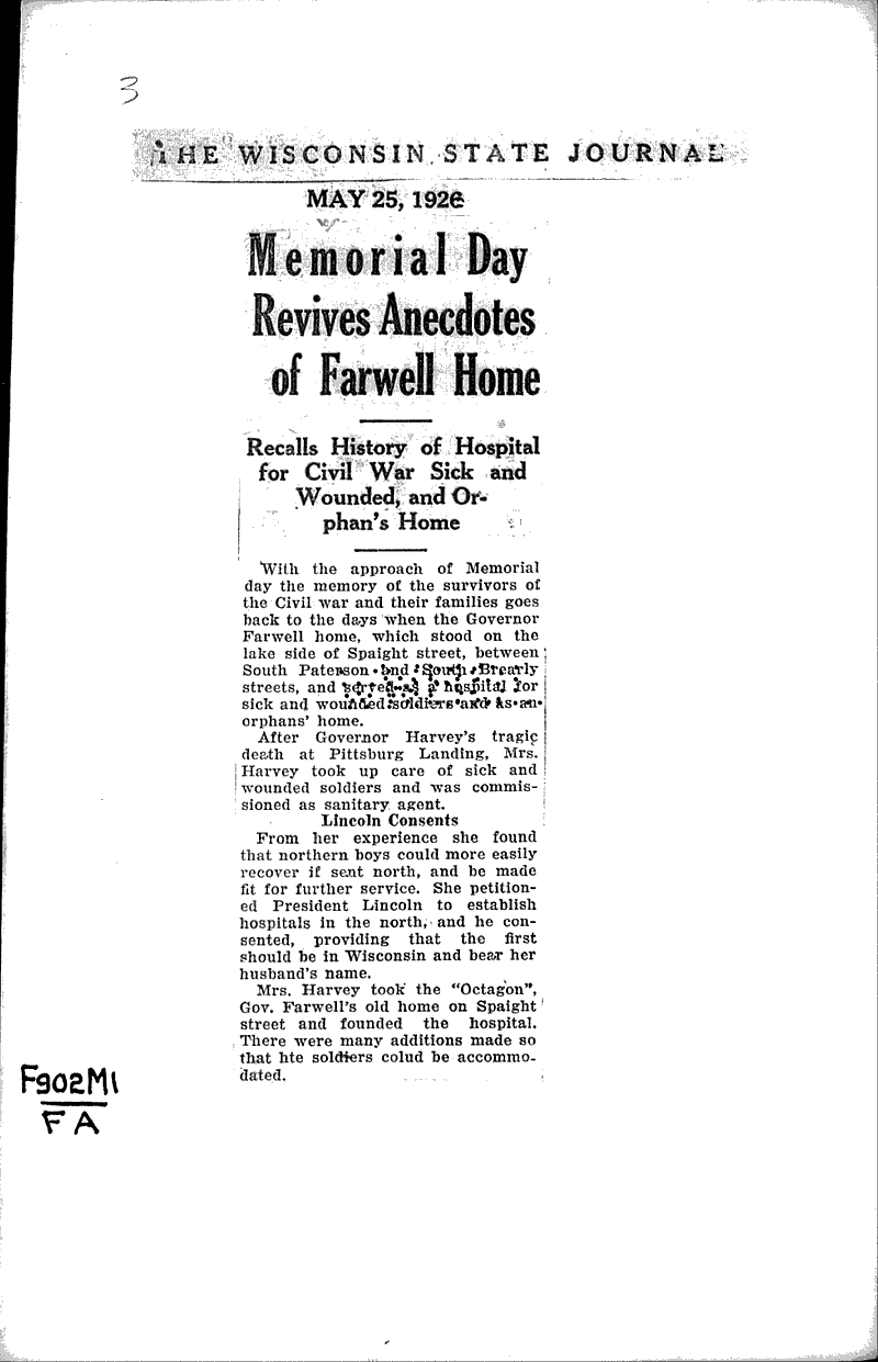 Memorial Day revives anecdotes of Farwell home Newspaper Article