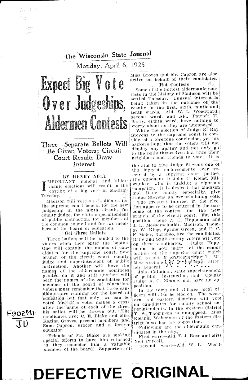  Source: Wisconsin State Journal Topics: Government and Politics Date: 1925-04-06