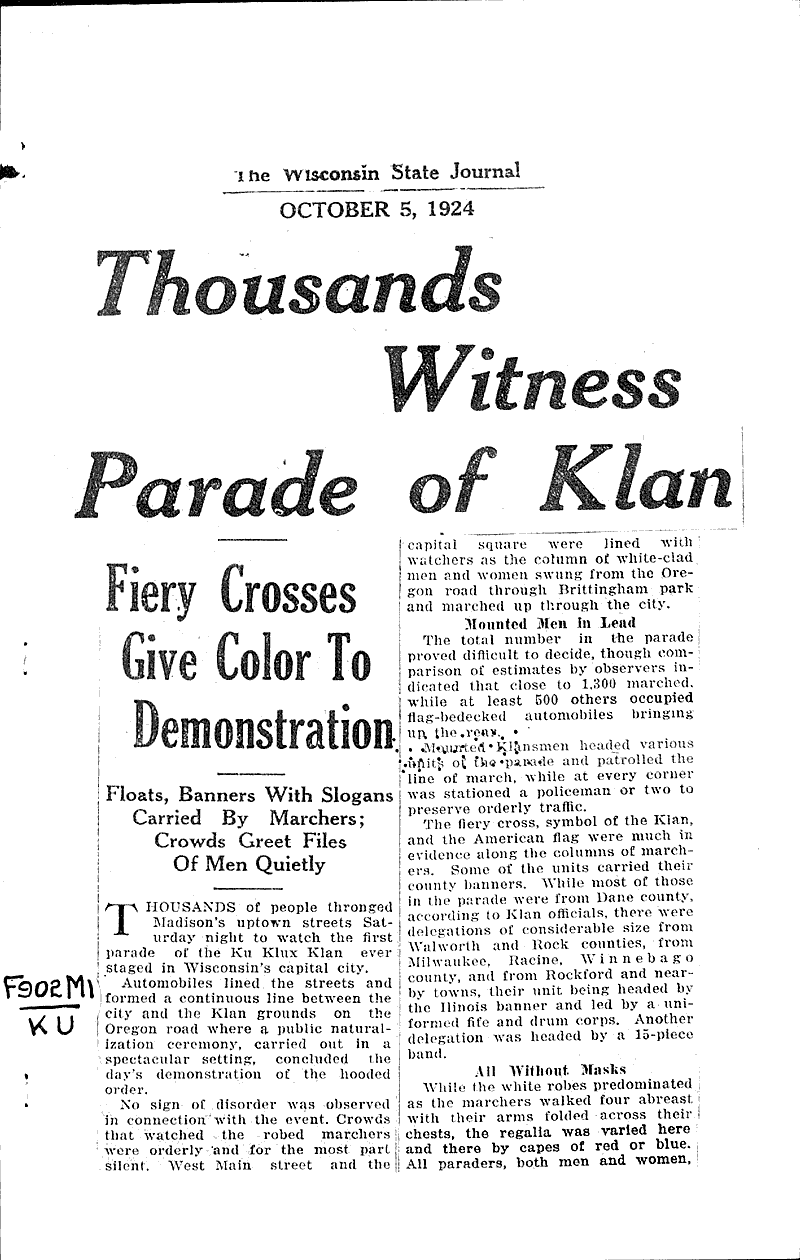  Source: Wisconsin State Journal Topics: Social and Political Movements Date: 1924-10-05