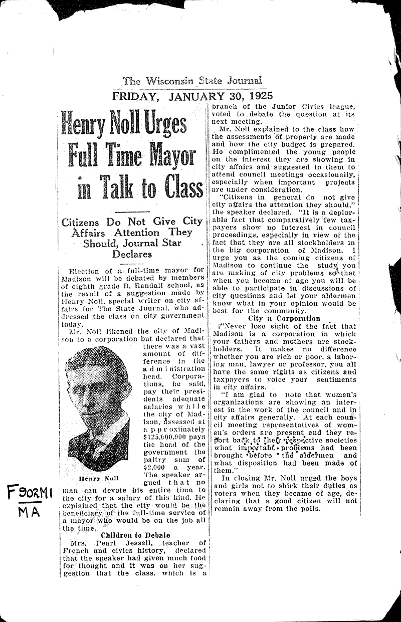  Source: Wisconsin State Journal Topics: Government and Politics Date: 1925-01-30