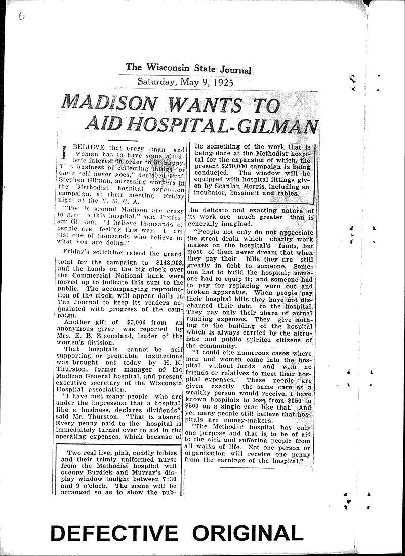 Madison wants to aid hospitalGilman Newspaper Article/Clipping