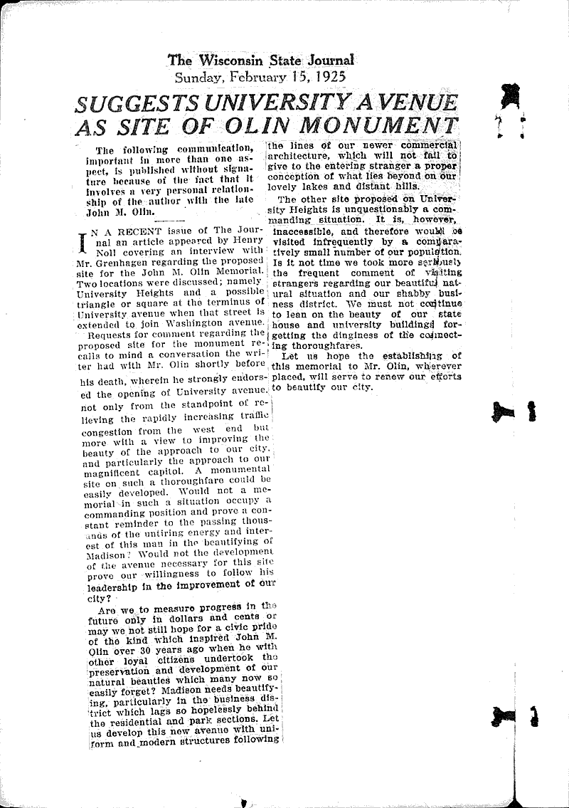 Suggests university avenue as site of Olin Monument Newspaper Article