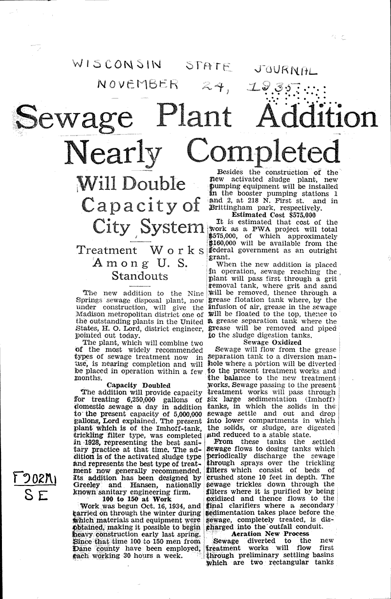 Sewage plant addition nearly completed Newspaper Article/Clipping