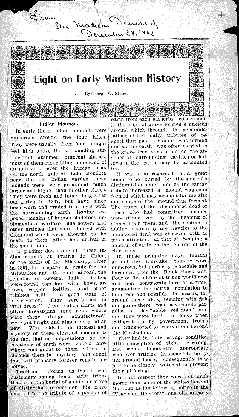 Light on early Madison history Newspaper Article/Clipping Wisconsin Historical Society