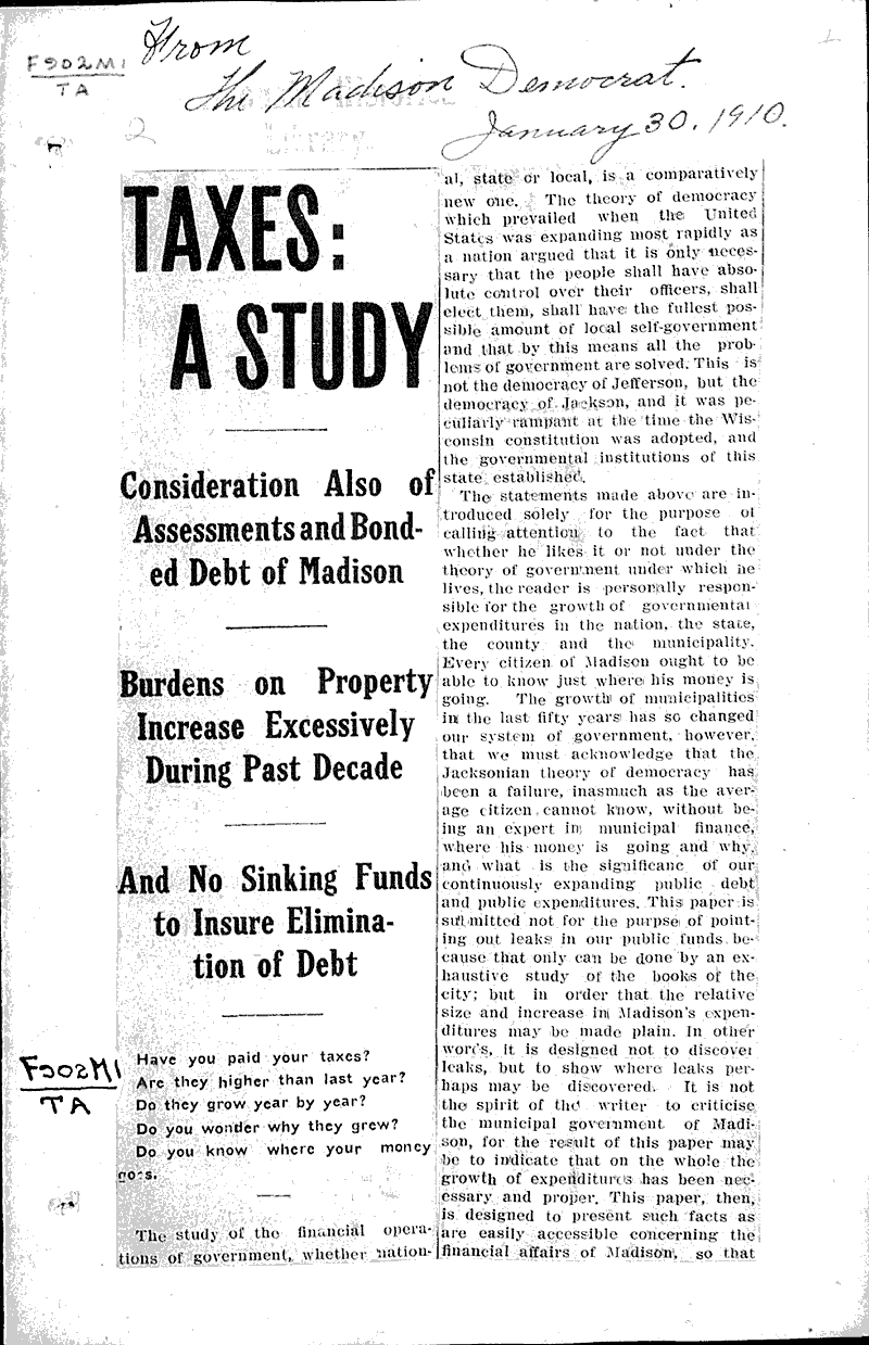  Source: Madison Democrat Topics: Government and Politics Date: 1910-01-30