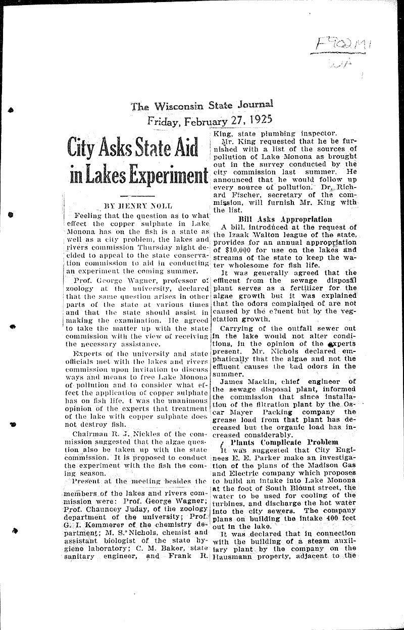  Source: Wisconsin State Journal Topics: Government and Politics Date: 1925-02-27