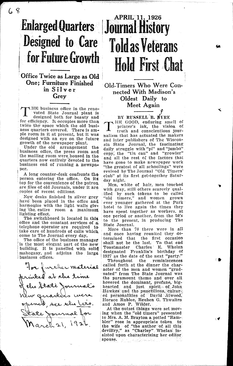 Journal history told as veterans hold first chat Source: Wisconsin State Journal Date: 1926-04-11