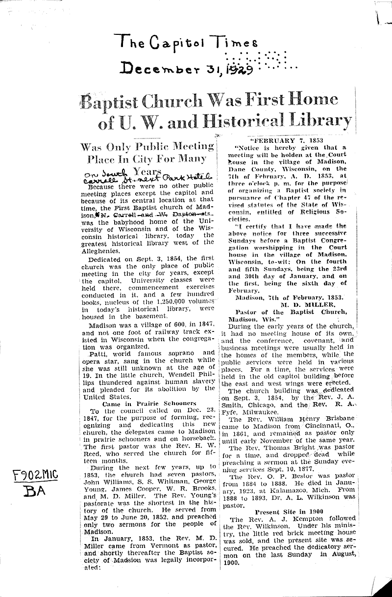  Source: Capital Times Topics: Church History Date: 1929-12-31
