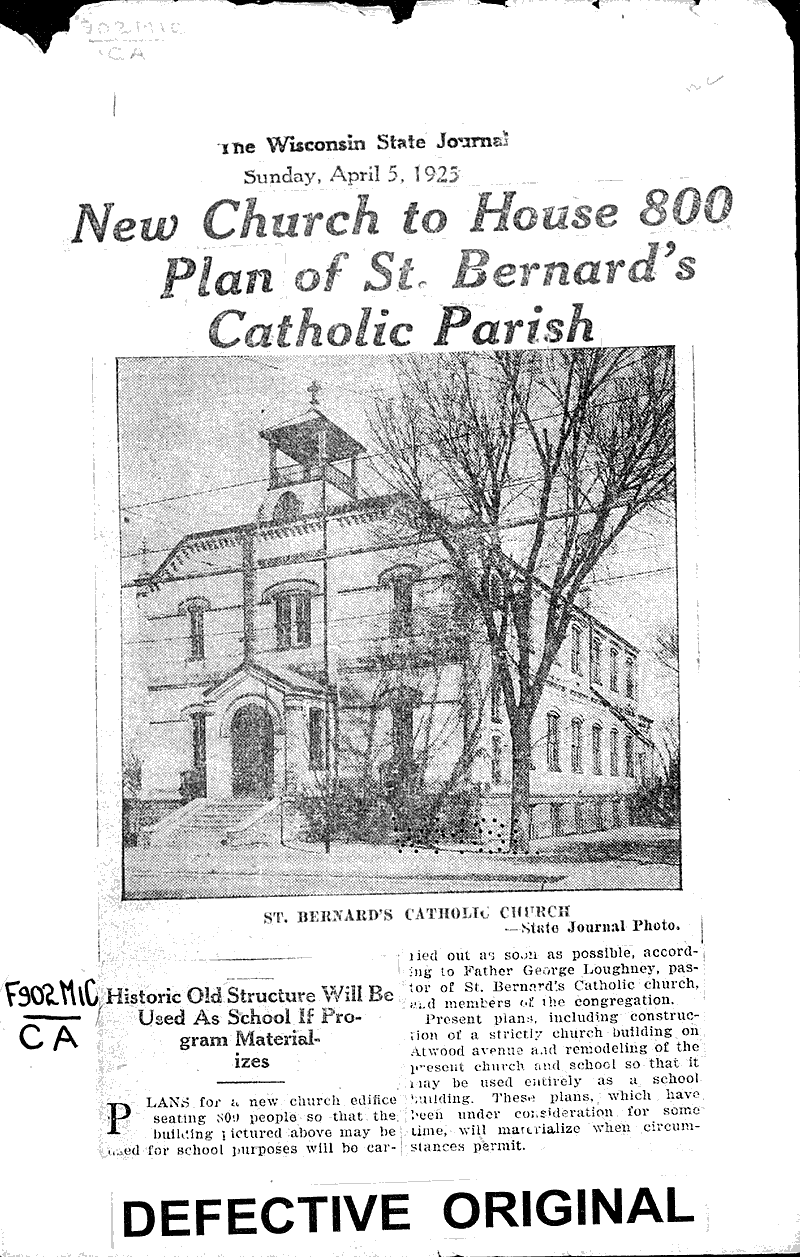  Source: Wisconsin State Journal Topics: Church History Date: 1925-04-05