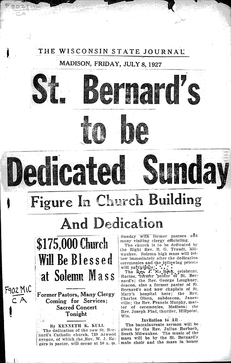  Source: Wisconsin State Journal Topics: Church History Date: 1927-07-08