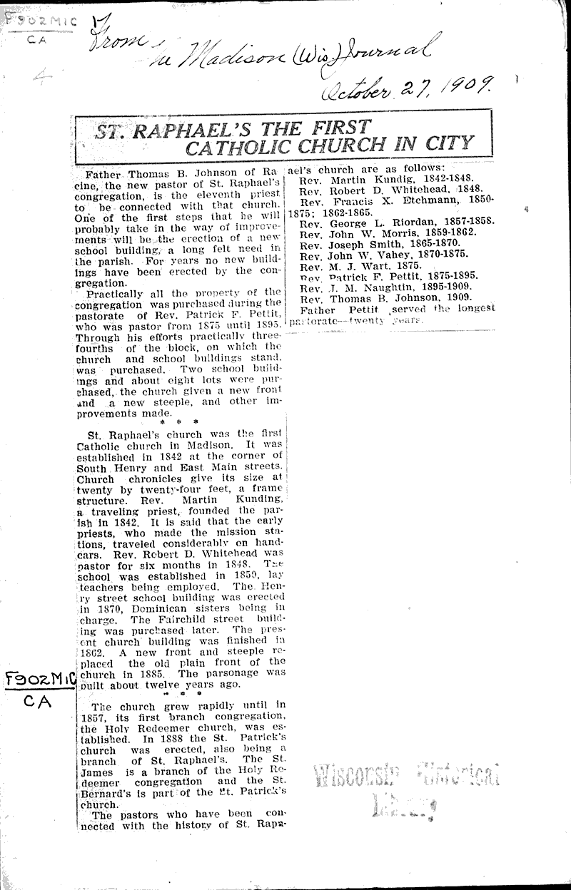  Source: Wisconsin State Journal Topics: Church History Date: 1909-10-27