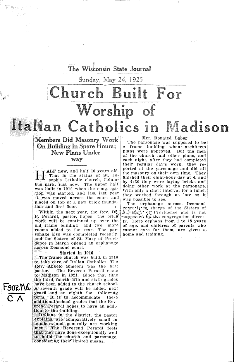  Source: Wisconsin State Journal Topics: Church History Date: 1925-05-24