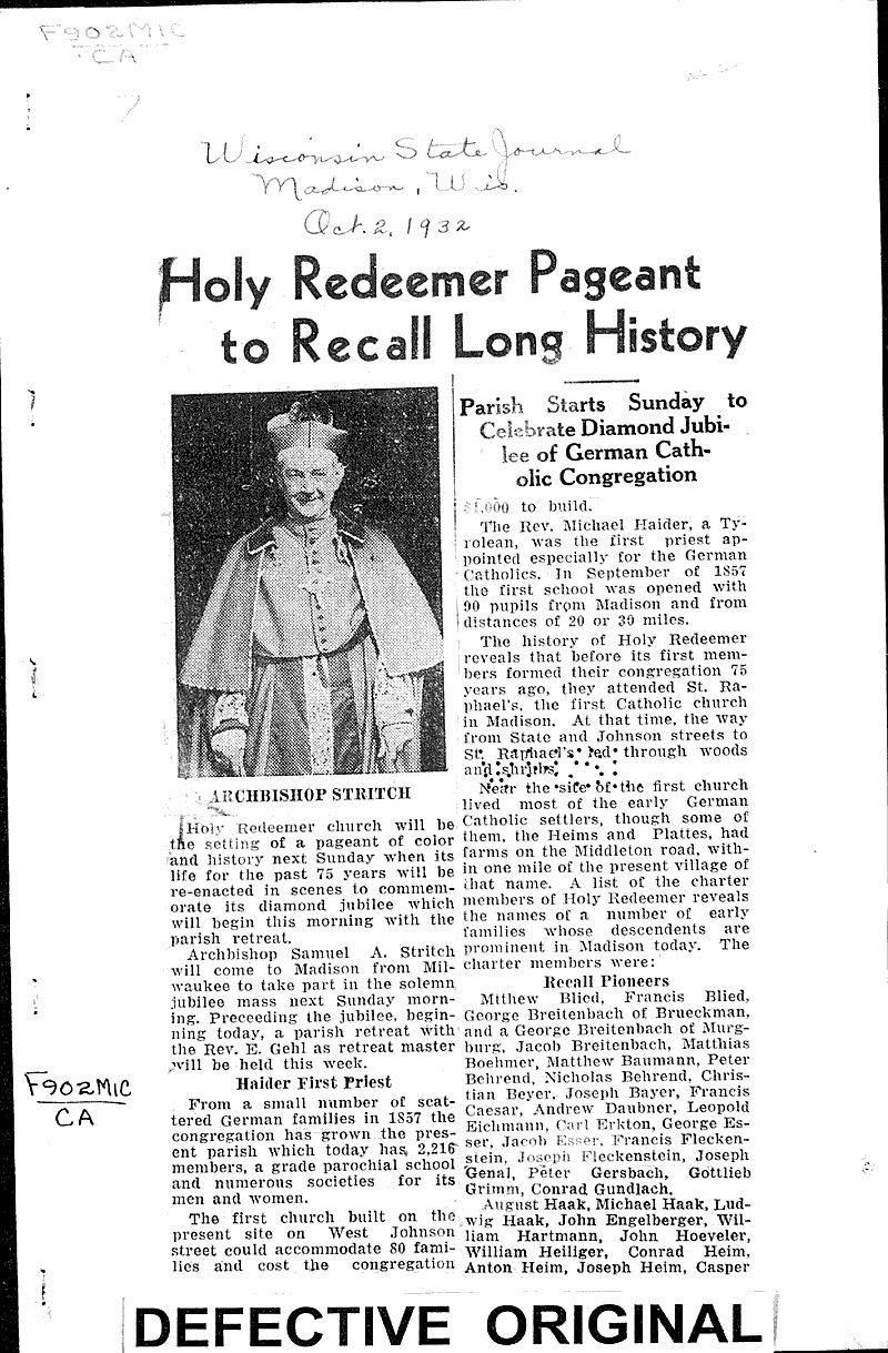  Source: Wisconsin State Journal Topics: Church History Date: 1932-10-02