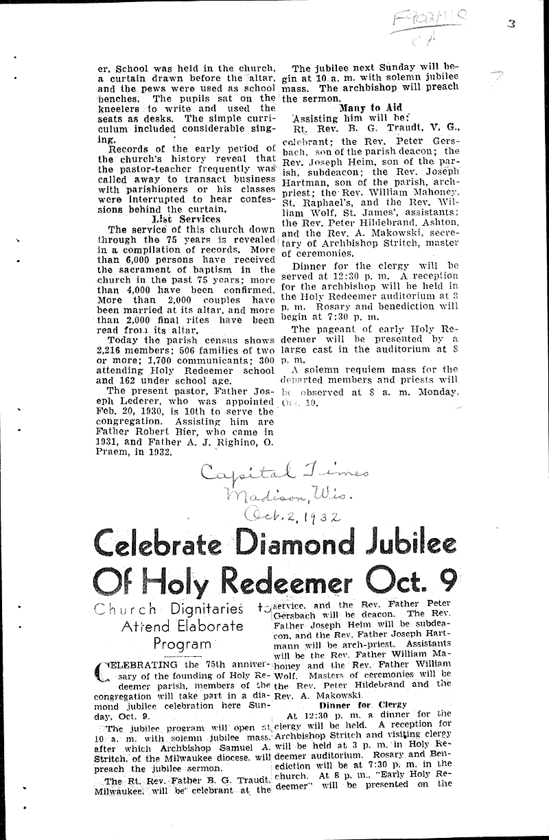  Source: Capital Times Topics: Church History Date: 1932-10-02