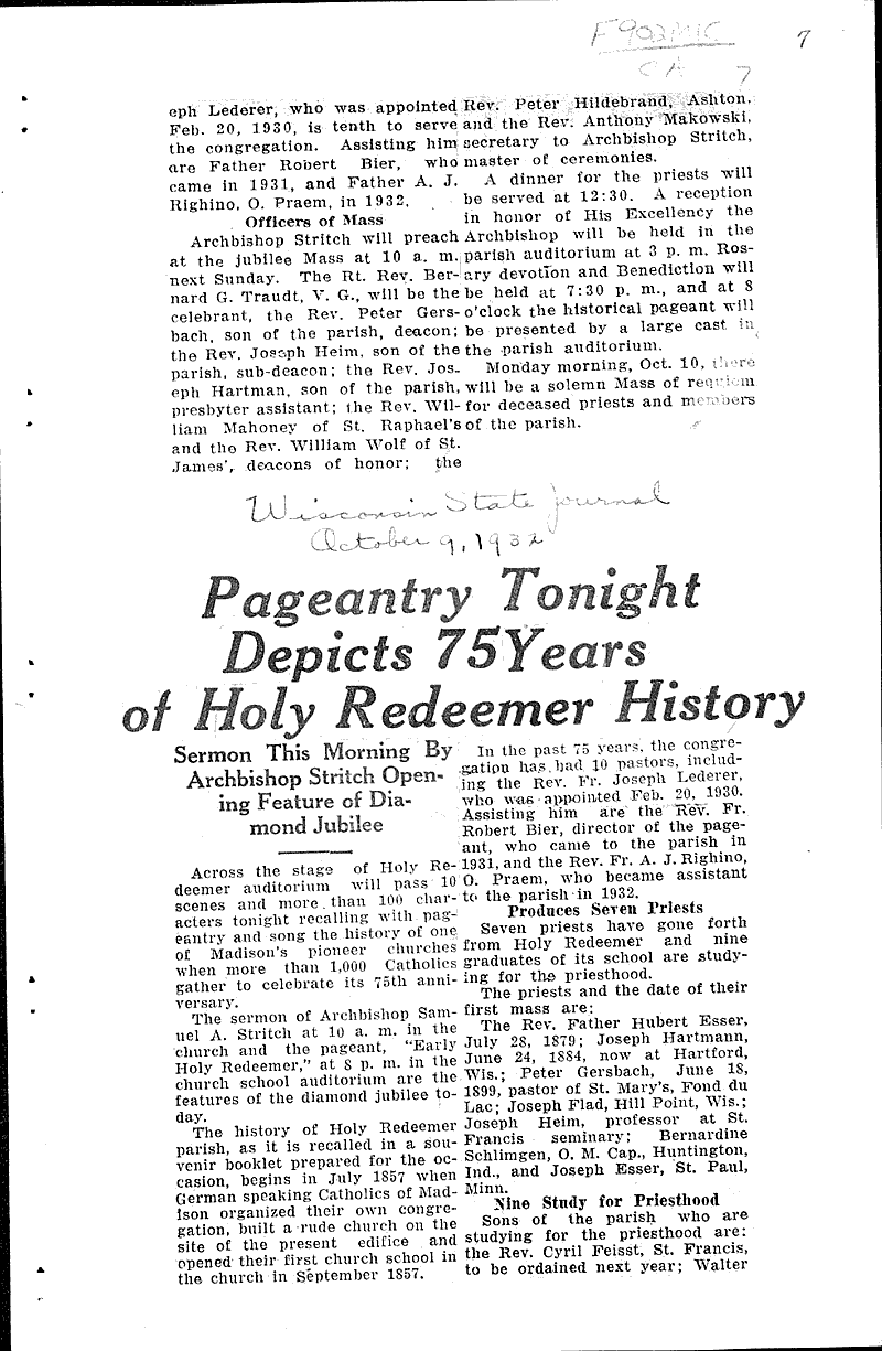  Source: Wisconsin State Journal Topics: Church History Date: 1932-10-09