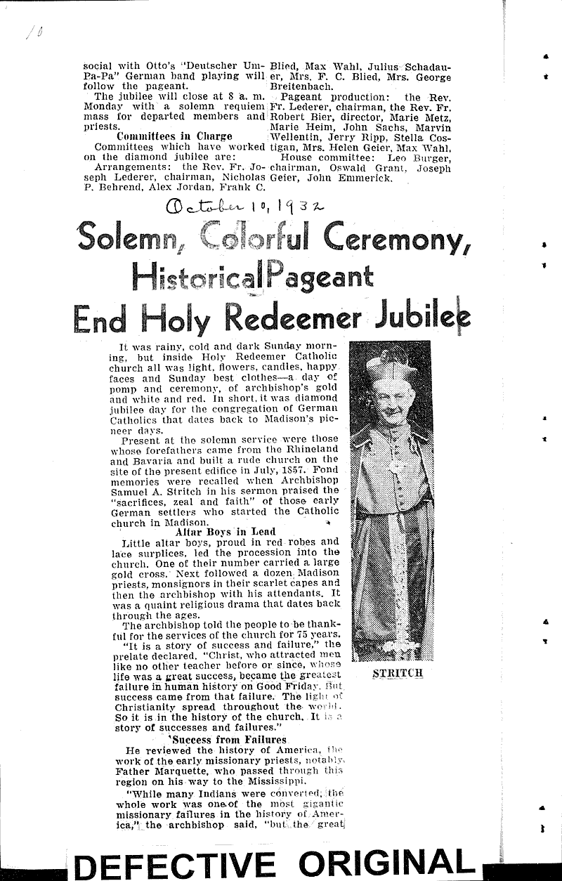  Source: Wisconsin State Journal Topics: Church History Date: 1932-10-09