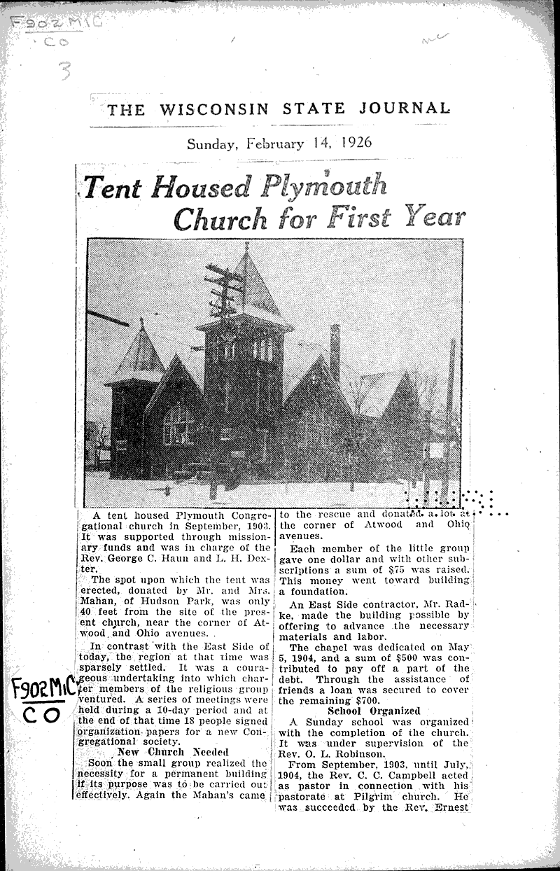  Source: Wisconsin State Journal Topics: Church History Date: 1926-02-14