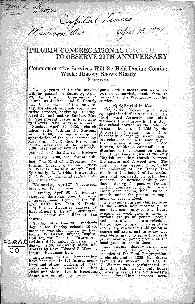  Source: Capital Times Topics: Church History Date: 1921-04-15