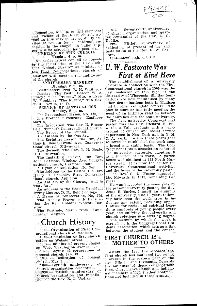  Source: Wisconsin State Journal Topics: Church History Date: 1924-10-11